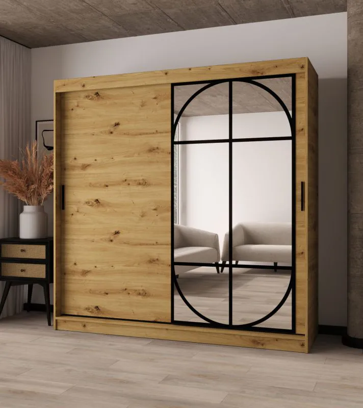 Penderie / Couleur : Chêne artisan / Porte miroir / Détails modernes / 200 x 62 x 200 cm / Armoire à portes coulissantes / 10 compartiments / 2 tringles à vêtements / Finitions haut de gamme