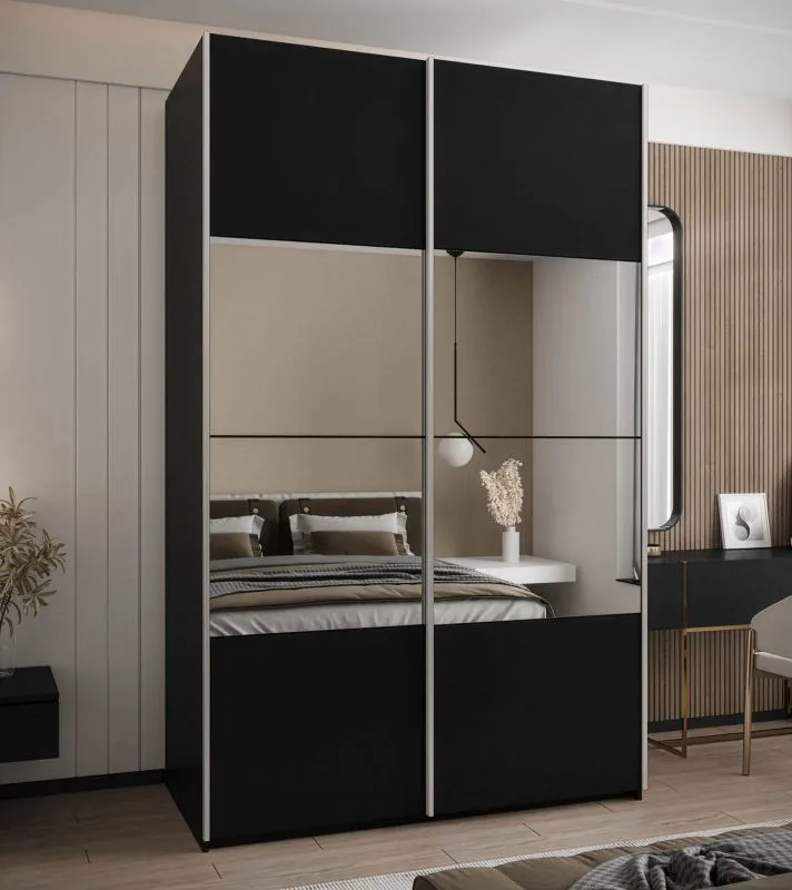 Penderie / Armoire à portes coulissantes / 245,5 x 160 x 64 cm / Soft-Close / 11 compartiments / 2 tringles à vêtements / Miroir / 2 portes coulissantes / Couleur : Noir