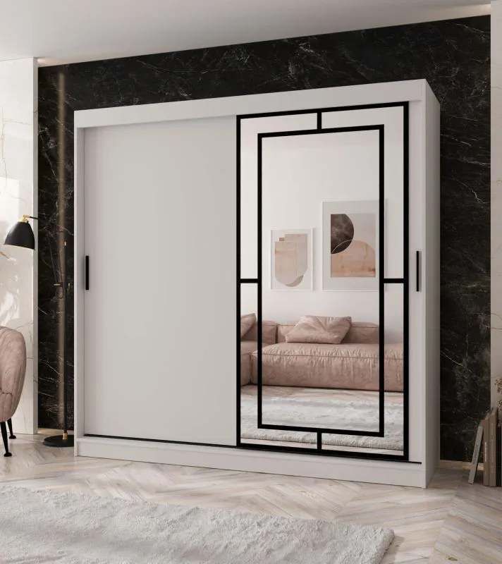 Armoire à portes coulissantes / Penderie / Blanc mat / 10 compartiments / 2 tringles à vêtements / 200 x 62 x 200 cm / Porte miroir décorative / Pour chambre à coucher