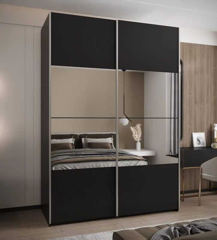 Penderie / Armoire à portes coulissantes / 245,5 x 180 x 64 cm / 2 tringles à vêtements / 2 portes coulissantes / 11 compartiments / Miroir / Soft-Close / Couleur : Noir