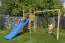 Tour de jeux / Parc de jeux Henry avec balançoire double, mur d'escalade, toboggan ondulé et toit en bois FSC®.