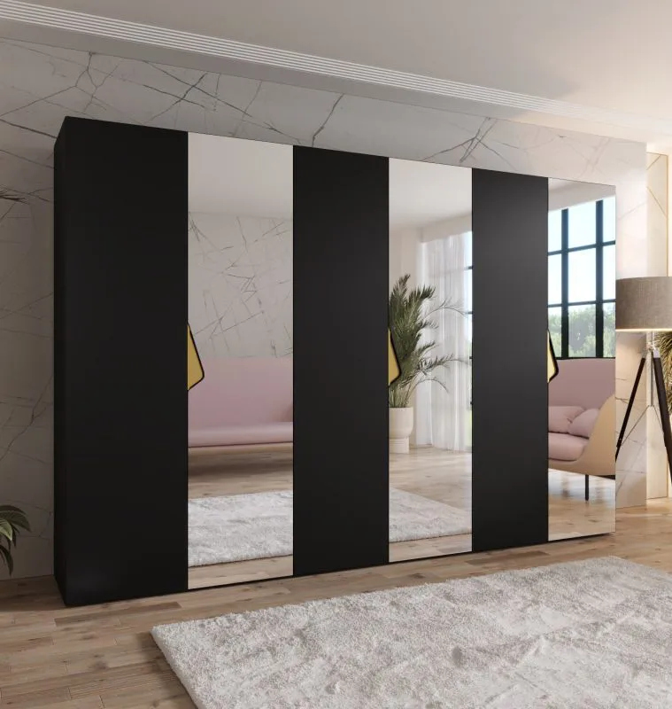 Armoire / 3 portes miroir / 3 compartiments / Couleur : Noir / 3 tringles à vêtements / Poignées : Or / Dimensions : 300 x 52 x 202 cm / Fonction Soft-Close