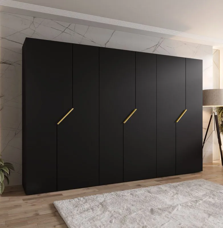 Armoire à portes battantes / Couleur : Noir / 6 portes / 3 tringles à vêtements / Chants ABS / Poignées : Or / Dimensions : 300 x 52 x 202 cm / Fonction Soft-Close / 3 compartiments