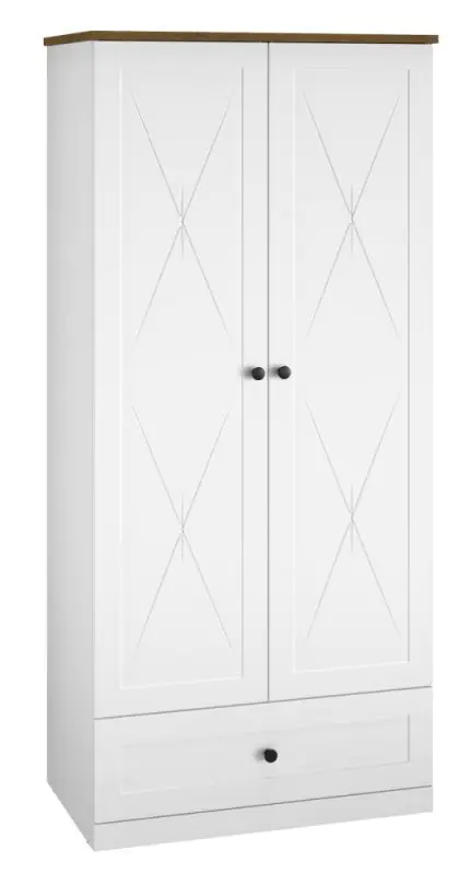 Armoire à portes battantes / Penderie Oulainen 01, Couleur : Blanc / Chêne - Dimensions : 200 x 92 x 54 cm (h x l x p), avec 2 portes, 1 tiroir et 1 compartiment