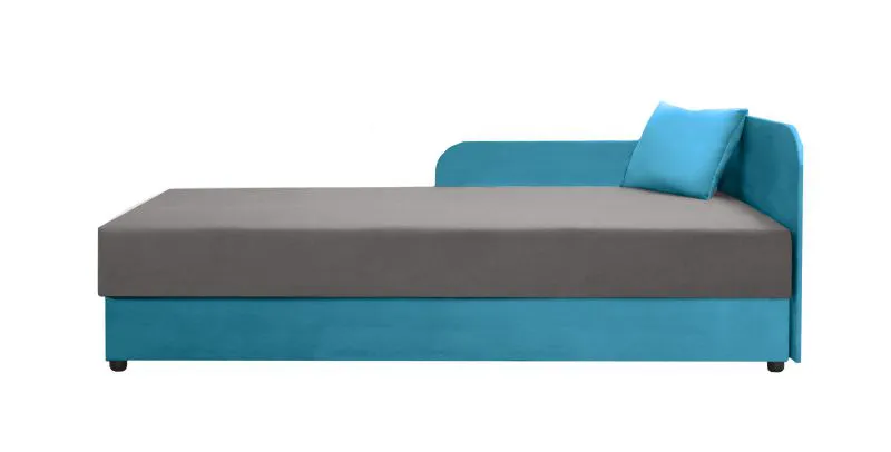 Lit d’appoint bleu avec coffre relevable Lobatos 46 | Tête de lit droite | 90 x 195 cm | Confort capitonné | Canapé-lit gain de place