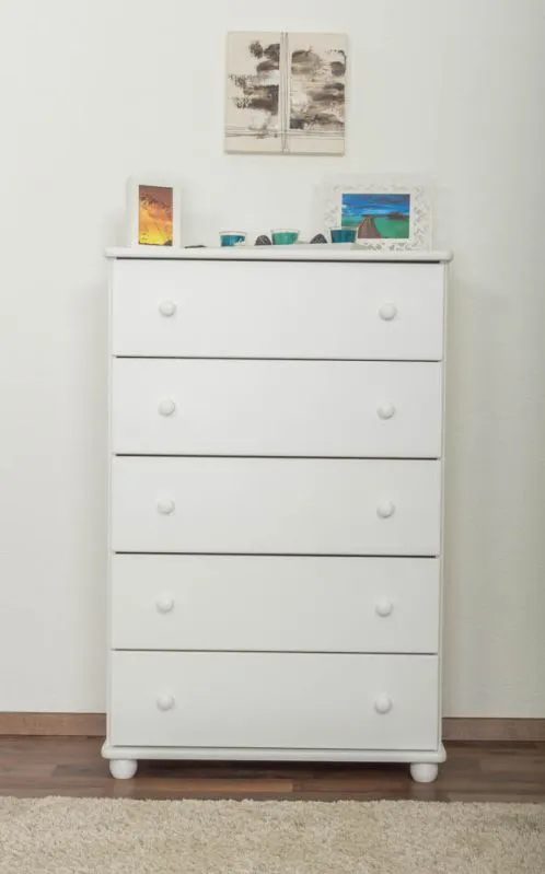 Commode en pin massif laqué blanc Junco 140 | 5 tiroirs spacieux | 123 x 80 x 42 cm | Style moderne