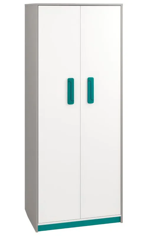 Armoire enfant Renton 02 | 2 portes battantes | 7 compartiments | Gris platine, blanc, bleu-vert | 199 x 80 x 52 cm