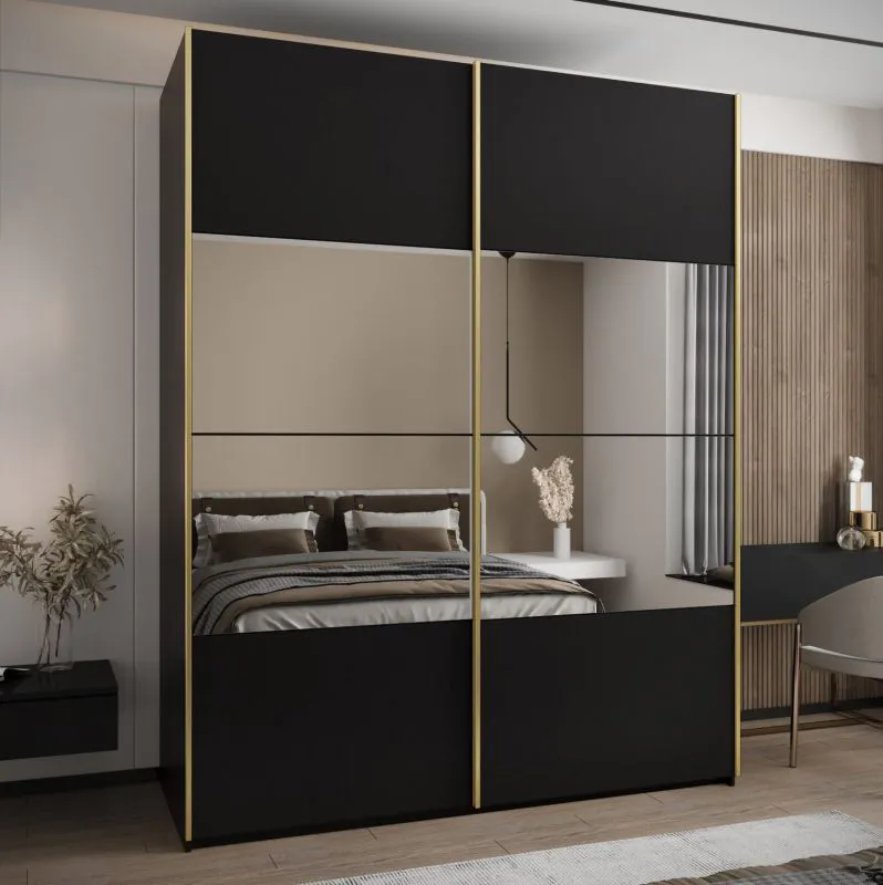 Penderie / Armoire à portes coulissantes / Couleur : Noir / 11 compartiments / 2 portes coulissantes / 245,5 x 190 x 64 cm / Miroir / Soft-Close / 2 tringles à vêtements