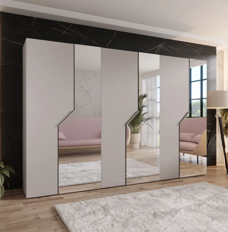 Armoire à portes battantes / 3 portes miroir / Couleur : Cachemire / 3 compartiments / 3 tringles à vêtements / Fonction Soft-Close / Poignées : Cachemire / Dimensions : 300 x 52 x 202 cm / Penderie / Chants ABS