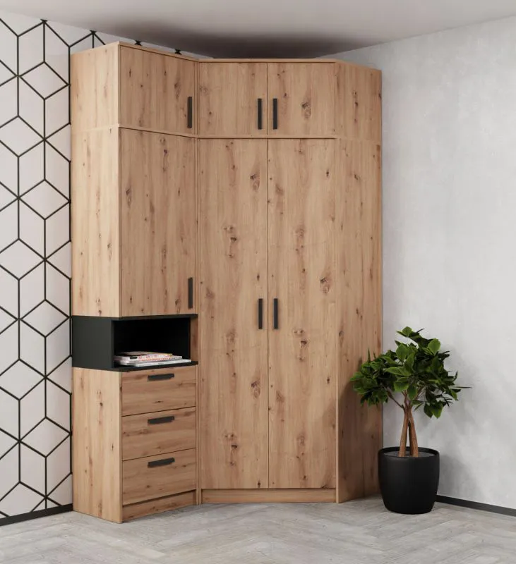 Armoire d’angle 4 pièces Fafe | Chêne Artisan & Noir | Soft-Close | Rangement optimisé | Penderie intégrée