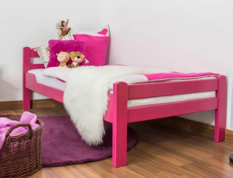 Lit enfant ou adolescent Easy Premium Line K1/2n | Hêtre massif laqué rose | 90 x 200 cm | Design moderne