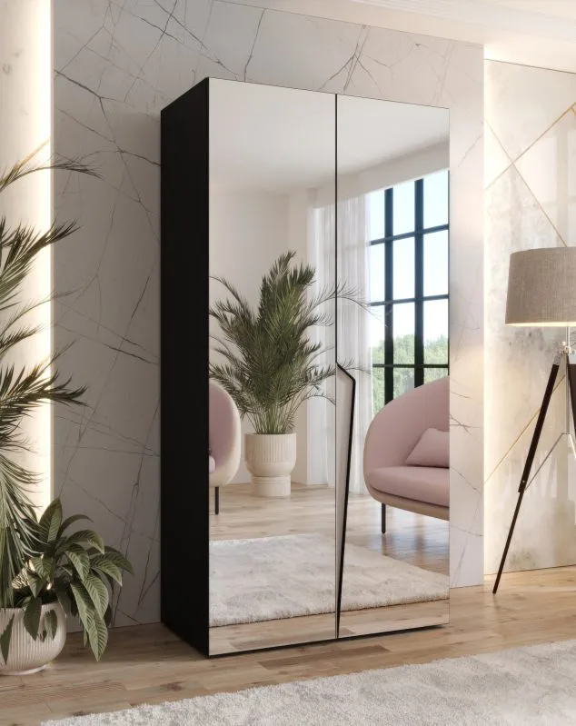 Armoire de chambre à coucher avec miroir / Couleur : Noir / Fonction soft-close / Penderie / Poignées : cachemire / 1 compartiment / 1 tringle à vêtements / Chants ABS / Dimensions : 100 x 52 x 202 cm