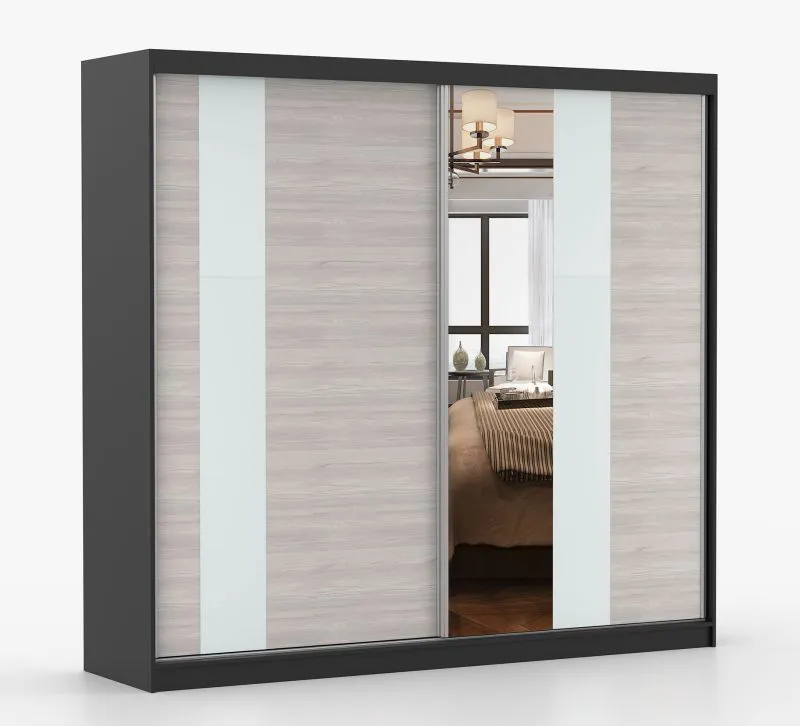Armoire penderie Gorski 62 | 2 portes coulissantes miroir | 2,33 m large | Gris-blanc & noir | 218 x 233 x 61 cm