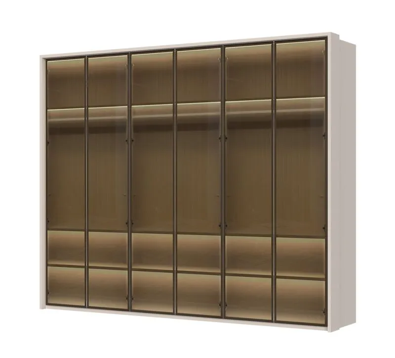 Armoire à portes vitrées avec éclairage intérieur Neiafu 49, Couleur : Cachemire, Système de fermeture Soft-Close, trois tringles à vêtements, dimensions : 224 x 272 x 56 cm
