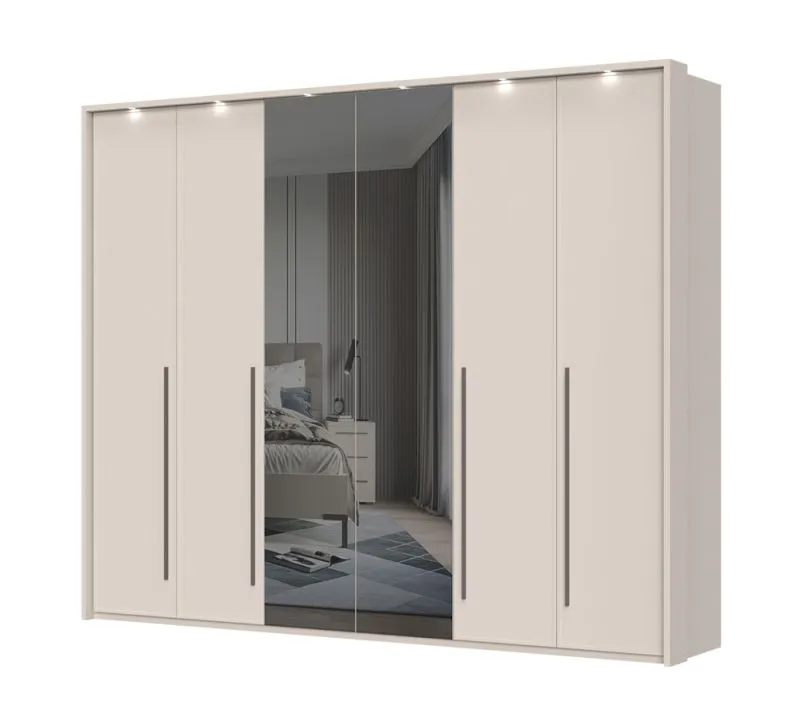 Armoire à portes battantes avec deux portes miroir Neiafu 75, Couleur : Cachemire, dimensions : 224 x 272 x 56 cm, Système de fermeture Soft-Close, trois tringles à vêtements, avec cadre LED