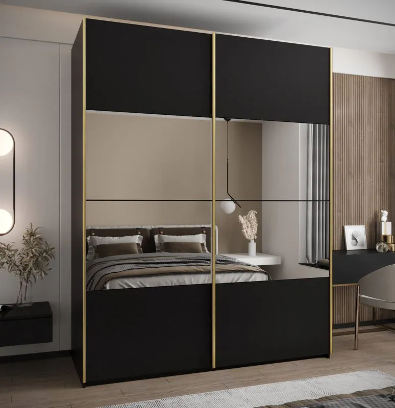 Penderie / Armoire à portes coulissantes / 2 portes coulissantes /2 tringles à vêtements / 245,5 x 200 x 64 cm / 11 compartiments / Miroir / Soft-Close / Couleur : Noir
