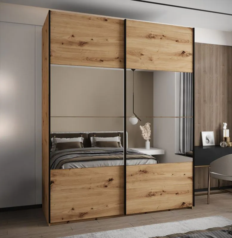 Penderie / Armoire à portes coulissantes / Couleur : Chêne Artisan / Miroir / Soft-Close / 2 tringles à vêtements / 245,5 x 190 x 64 cm / 2 portes coulissantes / 11 compartiments