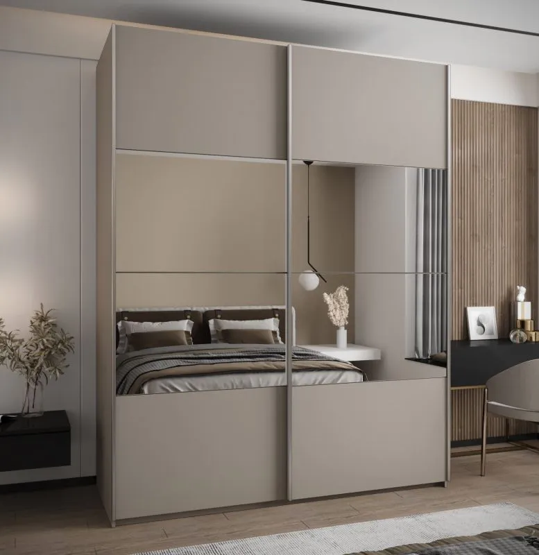 Penderie / Armoire à portes coulissantes / Soft-Close / 2 portes coulissantes / 2 tringles à vêtements / 245,5 x 200 x 64 cm / Couleur : Cachemire / Miroir / 11 compartiments