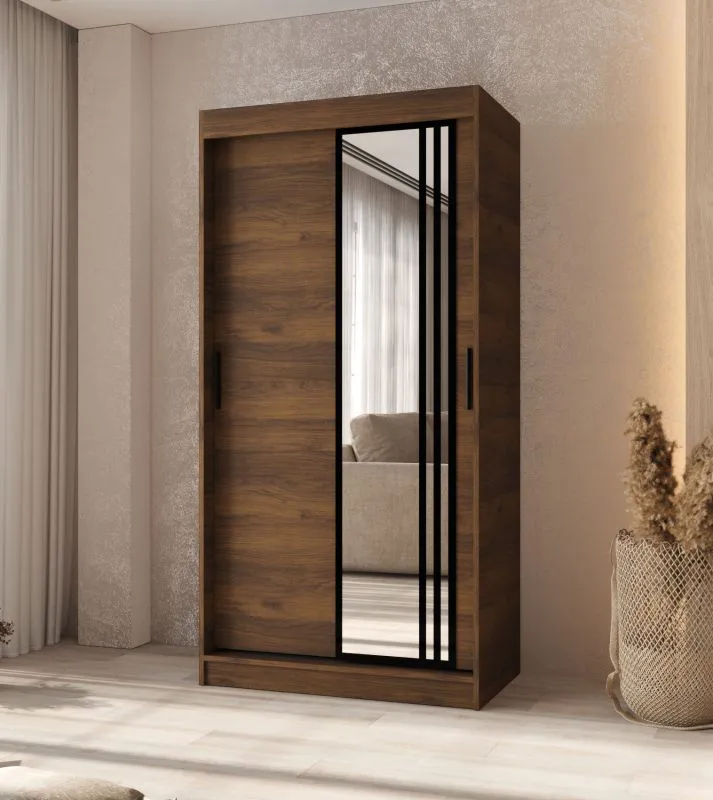 Penderie / Couleur : Noyer Warmia / 2 tringles / 5 compartiments / Armoire à portes coulissantes / Système de glissières fiable / 100 x 62 x 200 cm / Porte miroir décorative