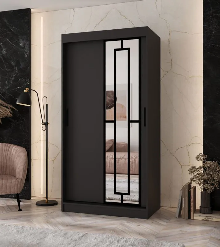 Armoire à portes coulissantes / Penderie à vêtements / Noir mat / 5 compartiments / 2 tringles / Étroite / 100 x 62 x 200 cm / Porte miroir décorative / Pour chambre à coucher