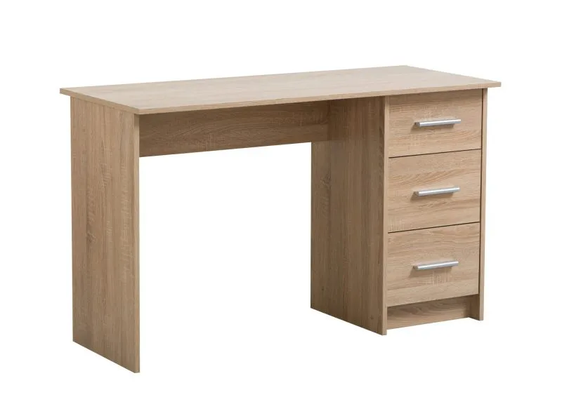 Bureau fonctionnel Powar 01 | Chêne de Sonoma | 3 tiroirs | Poignées grises | 74,5 x 121 x 50 cm | Design épuré