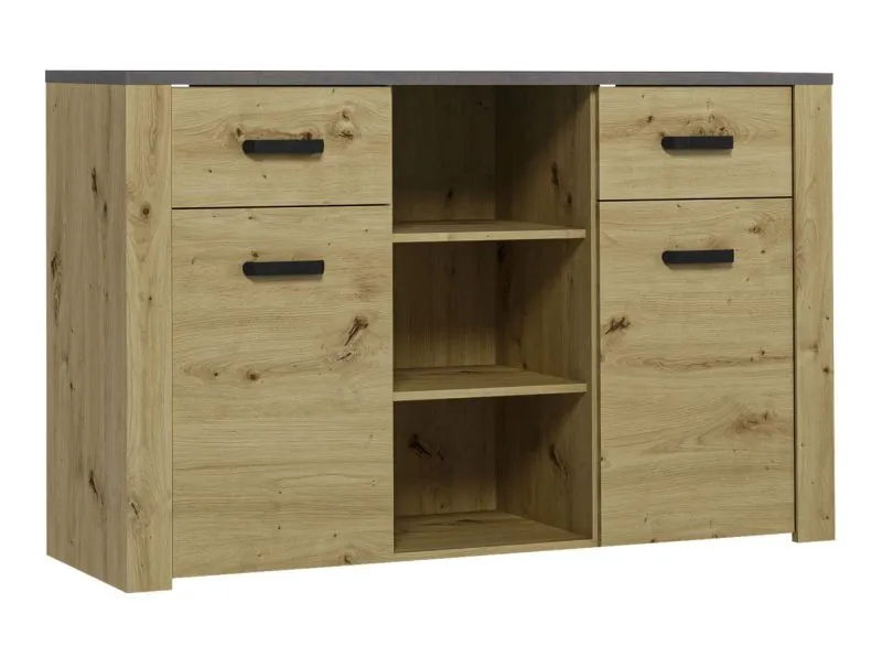 Commode Talimatau 02 | Chêne et gris | 86 x 138 x 43 cm | 2 portes, 2 tiroirs, 4 étagères