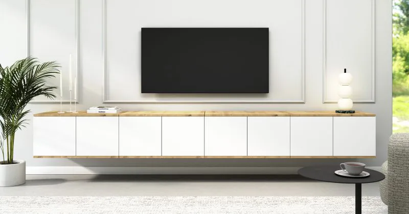 Commode TV / Couleur : Chêne Artisan / Blanc / Fonction Push-to-open / 8 portes / 16 compartiments / 280 x 40 x 40 cm / Finition de haute qualité / Meuble bas TV