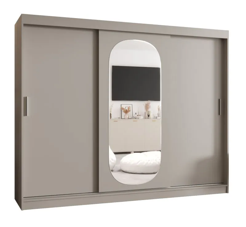 Armoire penderie Moldoveanu 24 | 2 portes coulissantes dont 1 miroir ovale | 2,5 m de large | 10 compartiments | Finition cachemire