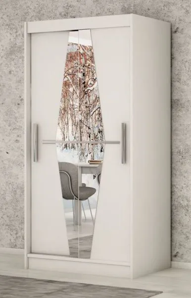Armoire à portes coulissantes / Penderie Alphubel 01 avec miroir, Couleur : Blanc mat - Dimensions : 200 x 100 x 62 cm ( H x L x P)