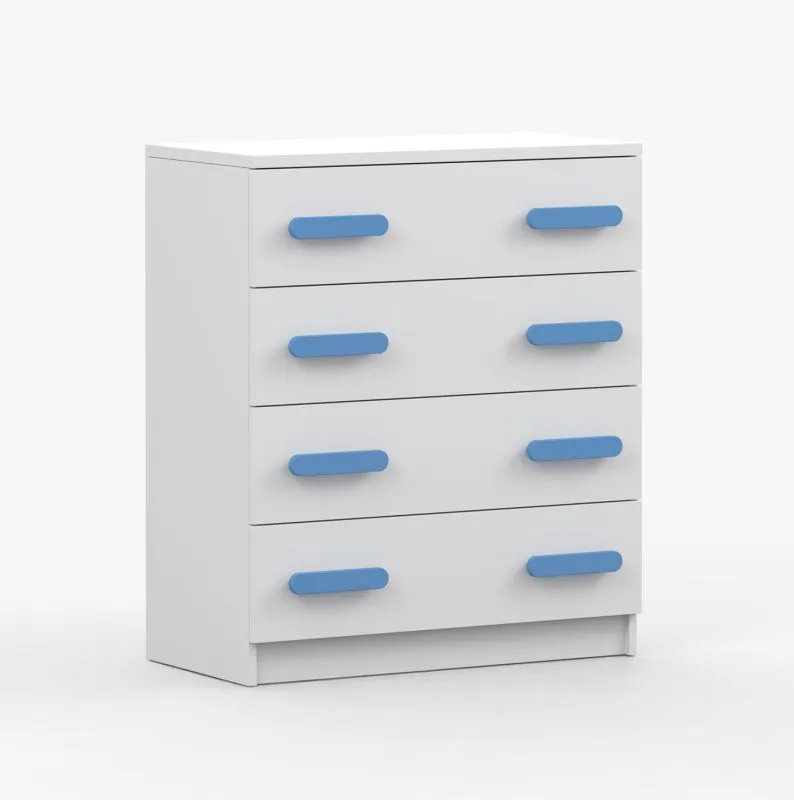 Commode Smolikas 19 blanche | 80 cm de large | 4 tiroirs spacieux | Poignées bois bleues | 90 x 80 x 40 cm