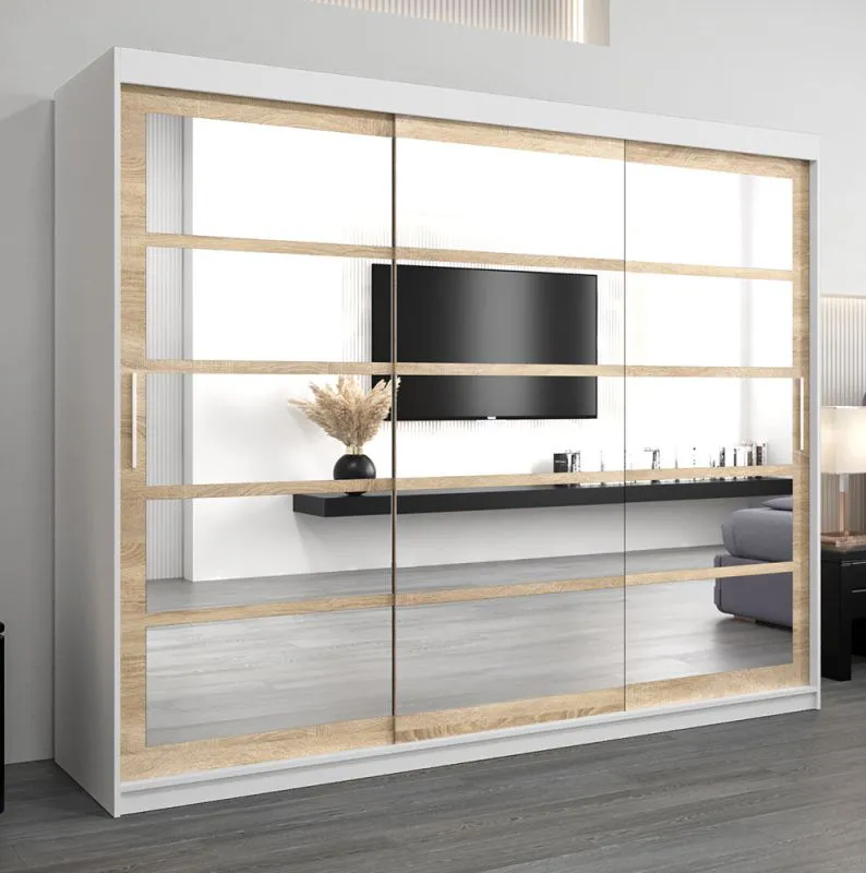 Armoire penderie portes coulissantes avec miroir | Blanc mat & Chêne Sonoma | 200 x 250 x 62 cm
