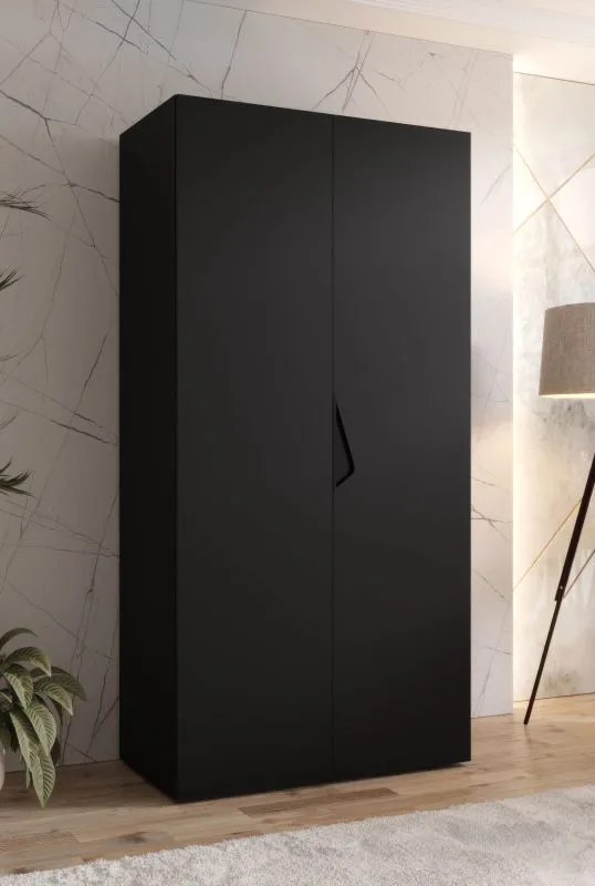 Armoire à portes battantes / Penderie / 1 mètre de large / ABS protection des bords / Poignées : Noir / Couleur : Noir / Dimensions : 100 x 52 x 202 cm / Pour chambre à coucher