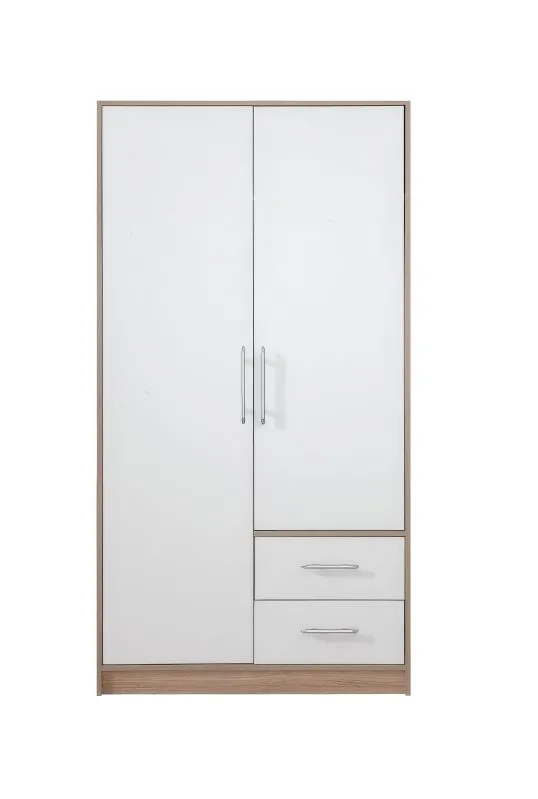 Armoire penderie Hannut 08 blanc et chêne | 2 portes battantes, 2 tiroirs | 190 x 100 x 56 cm