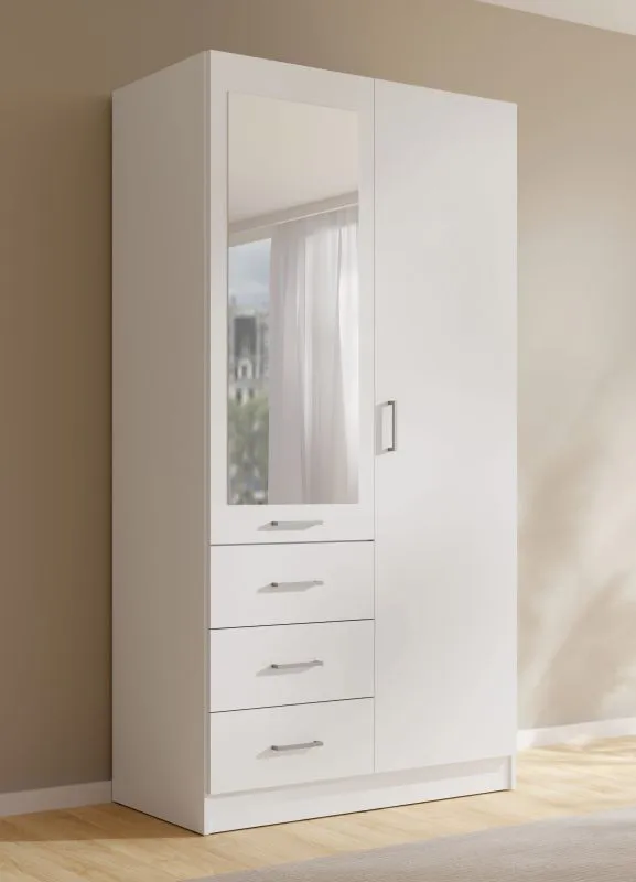 Armoire / 3 tiroirs / Couleur : Blanc / 1 porte battante / 1 porte miroir / 1 tringle à vêtements / Dimensions : 101 x 58 x 200,5 cm / Armoire à portes battantes / Design moderne