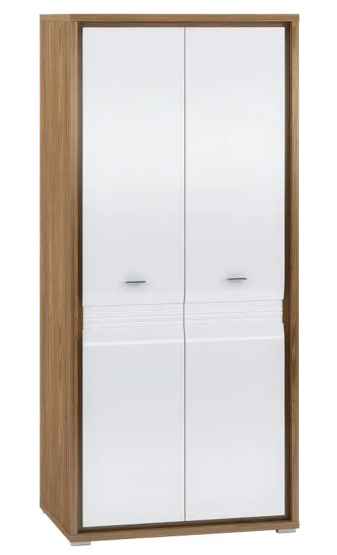 Armoire penderie Tempe 01 | Noyer / Blanc brillant | 2 portes, 3 compartiments | 203 x 92 x 62 cm