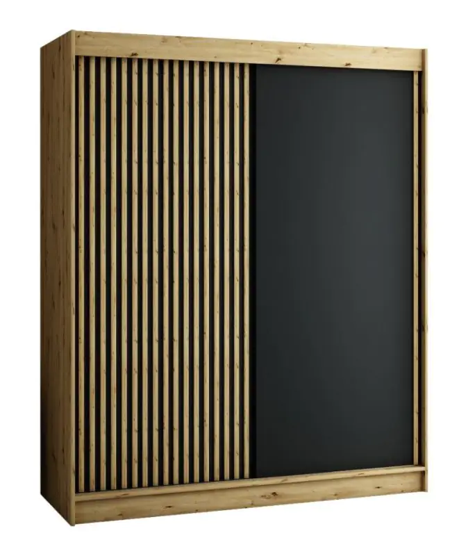 Armoire à portes coulissantes / Penderie Borgis 04A, Couleur : Chêne Artisan / Noir mat - Dimensions : 200 x 180 x 62 cm (H x L x P)