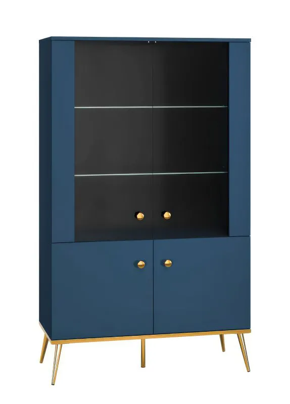 Vitrine bleu foncé Kumpula 02 | 4 portes, 4 compartiments | 152 x 92 x 40 cm | Finition or