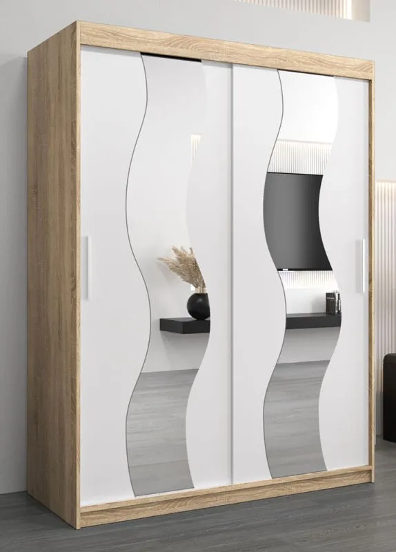 Armoire portes coulissantes avec miroir | Chêne Sonoma & Blanc mat | 200 x 150 x 62 cm | Hacho 03