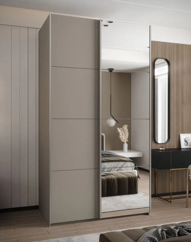 Penderie / Armoire à portes coulissantes / 245,5 x 140 x 64 cm / 6 compartiments / 2 tringles à vêtements / 2 portes coulissantes / Soft-Close / Miroir / Couleur : Cachemire