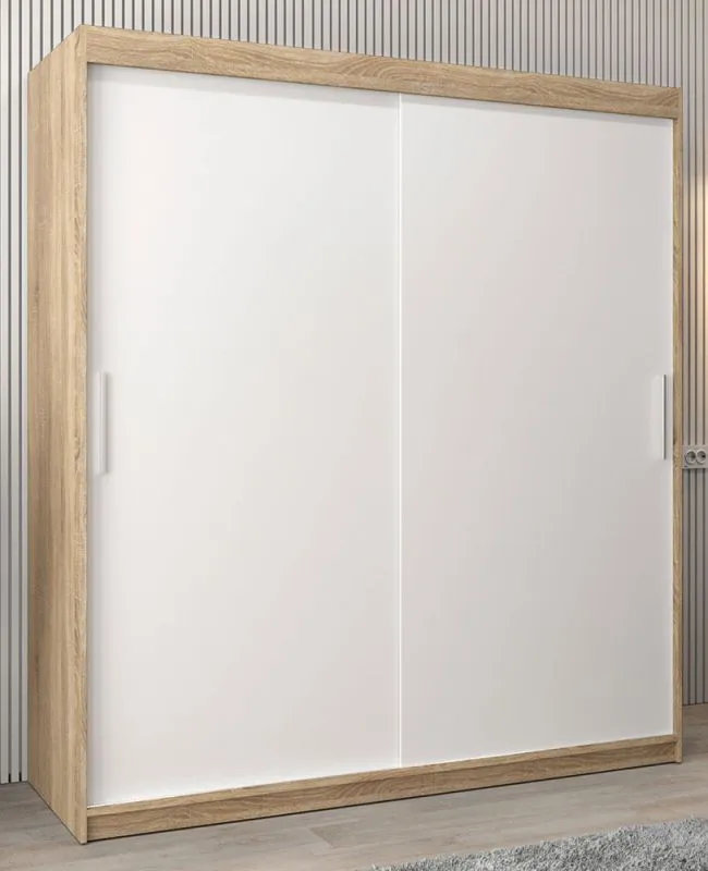 Armoire penderie portes coulissantes Bisaurin 4A | Chêne Sonoma & Blanc mat | 200 x 180 x 62 cm