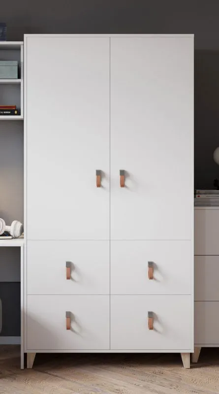 Armoire penderie 2 portes 2 m de haut | Blanc | Taygetos 03 | 201 x 105 x 55 cm | 4 tiroirs | 6 niches | Poignées en cuir