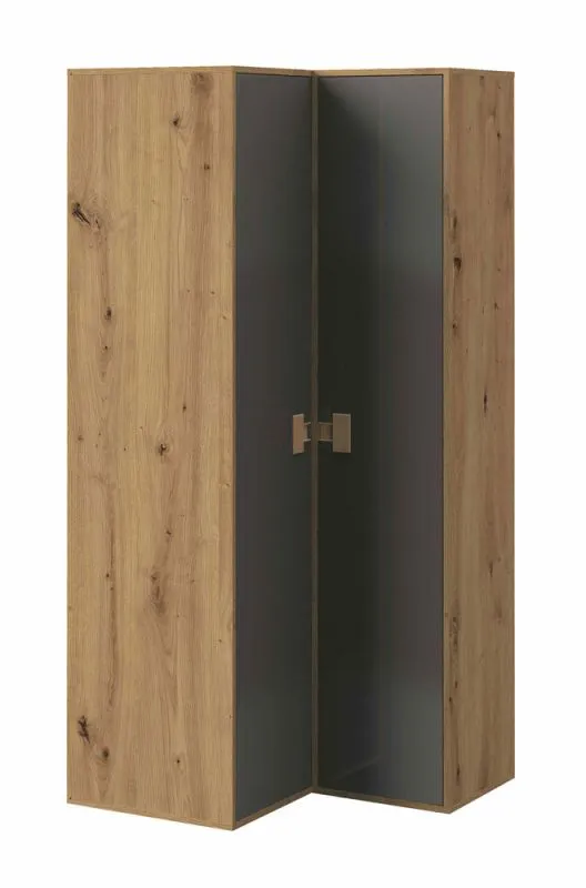 Armoire d’angle pour chambre ado Garian 03 | Portes battantes | Chêne & Gris brillant | 191 x 80 x 90 cm