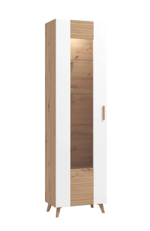 Vitrine haute porte vitrée | 3 étagères en verre | 5 compartiments | Chêne Artisan & Blanc brillant | 202,5 x 58 x 35 cm
