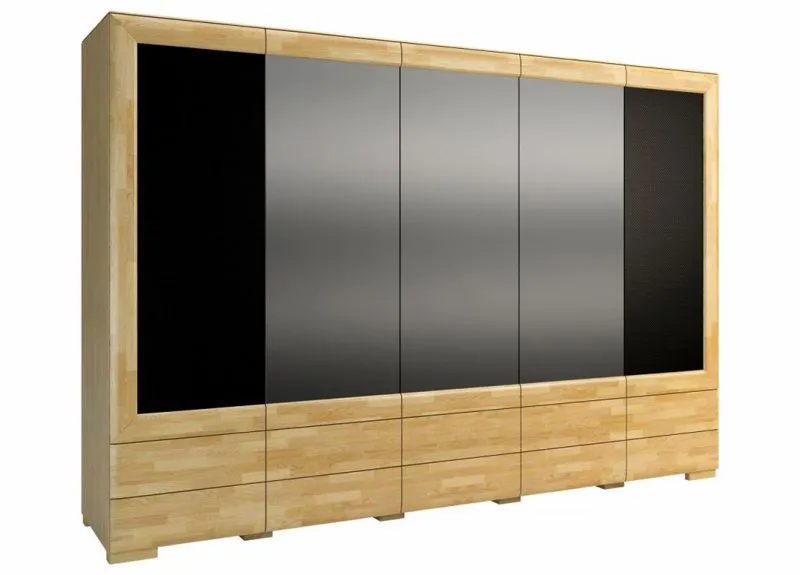 Grande Armoire | 5 portes battantes | 10 tiroirs | 16 casiers | avec tringle à vêtements | 303 cm de large | Chêne massif partiel | Couleur: Chêne / Noir Abbildung