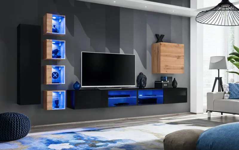 Mur de salon moderne Volleberg 94 | Noir & chêne Wotan | 150 x 280 x 40 cm | Éclairage LED