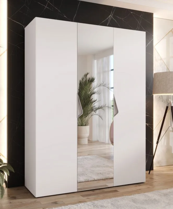 Armoire à portes battantes / Penderie / 1 porte miroir / Couleur : Blanc / 2 compartiments / Poignées : cachemire / 2 tringles à vêtements / Soft-Close / Dimensions : 150 x 52 x 202 cm