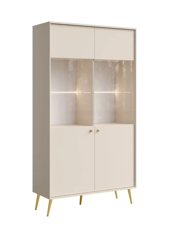 Vitrine / Deux étagères en verre / Couleur : Beige / 10 compartiments / Poignées & Pieds : Or / Dimensions : 105,5 x 40,5 x 191 cm / Design élégant