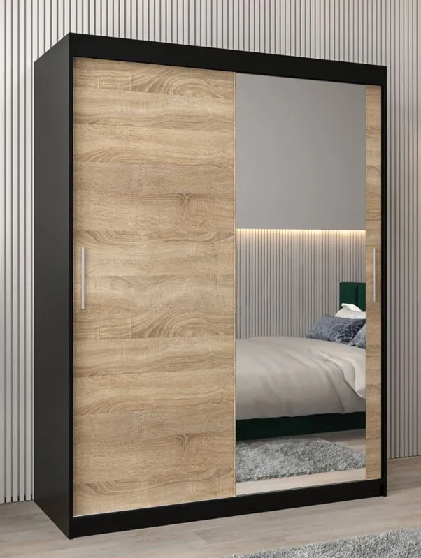 Armoire penderie 3 portes coulissantes avec miroir | Noir & Chêne Sonoma | 200 x 150 x 62 cm