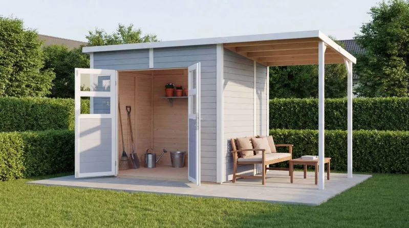 Abri de jardin / Surface de base : 6,84 m² / Laqué gris clair / Abri de jardin / Abri de jardin en éléments 19 mm / Abri de jardin avec toit traînant / Plancher inclus / Toit plat / Freiberg 02
