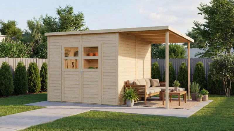 Abri de jardin | Naturel | 19 mm abri de jardin en éléments | 3,78 x 1,81 mètres | abri de jardin y compris toit rapporté | y compris plancher | toit plat | Freiberg 02